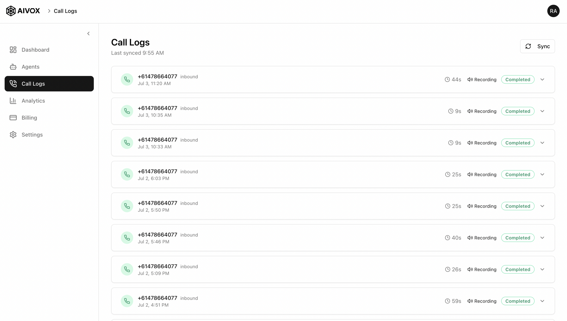 AiVox - Call Logs, Transcripts & Recordings