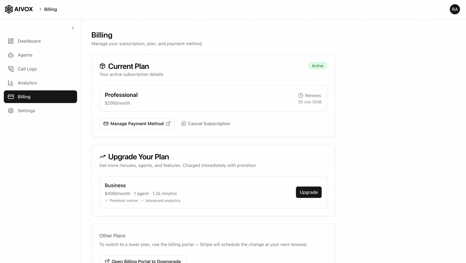 AiVox - Admin Console & Subscription Billing