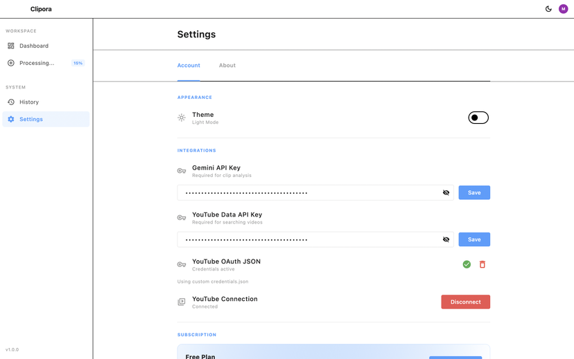 Clipora AI - Settings & Integrations - Image 1