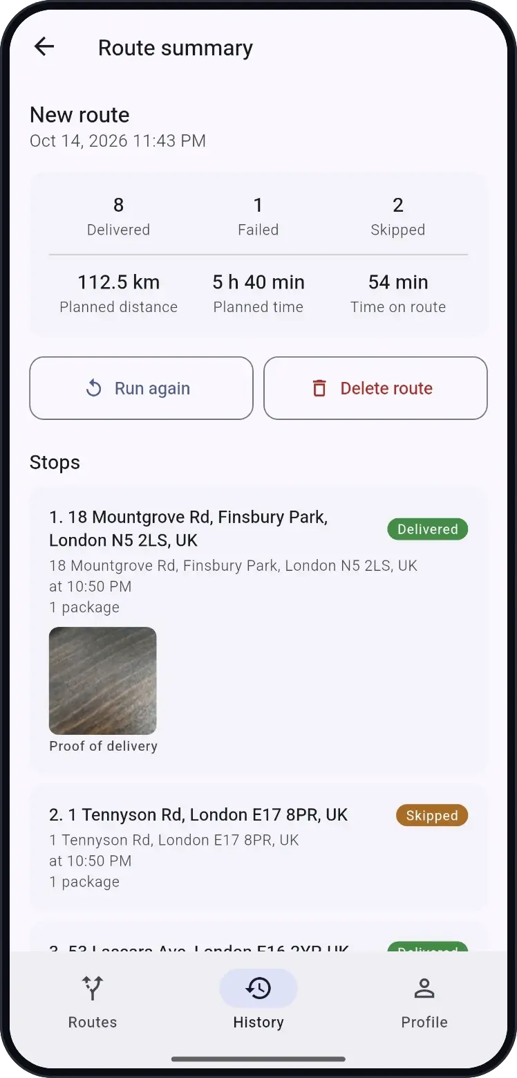 Route Planner route summary with delivered, failed and skipped stops and a proof-of-delivery photo
