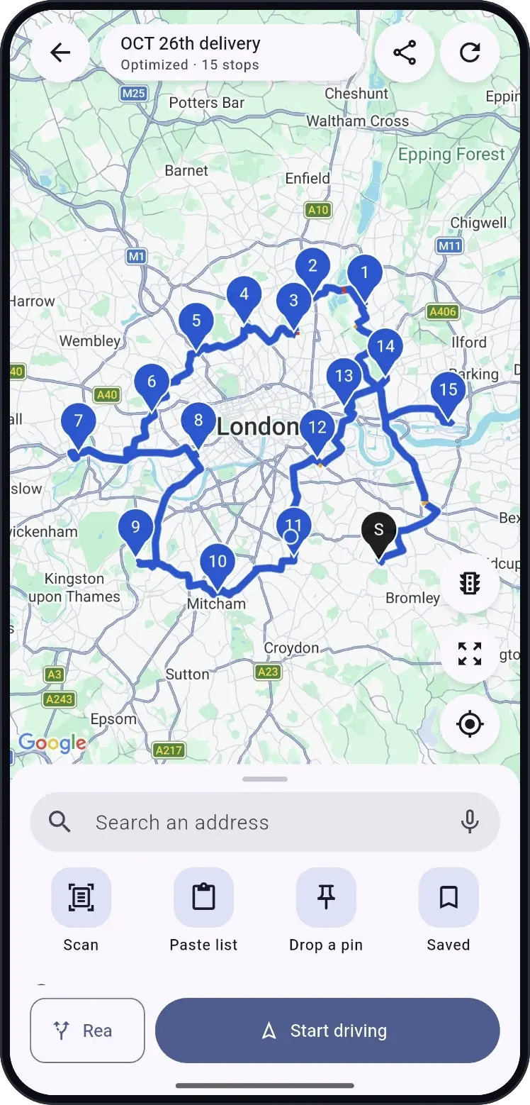 Route Planner showing an optimized route with 15 numbered stops across London
