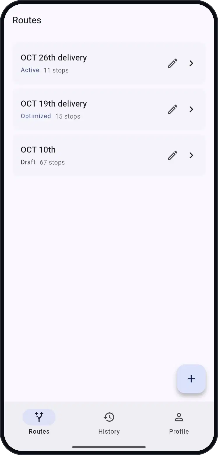 Route Planner route list with active, optimized and draft routes